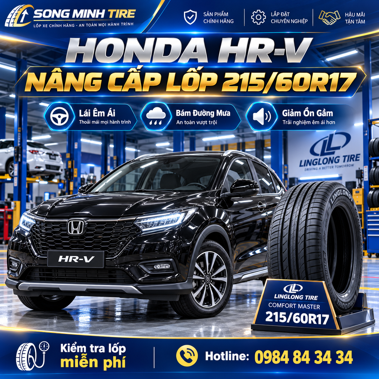 Thay lốp xe Honda HR-V 215/60R17 LingLong chính hãng tại Song Minh
