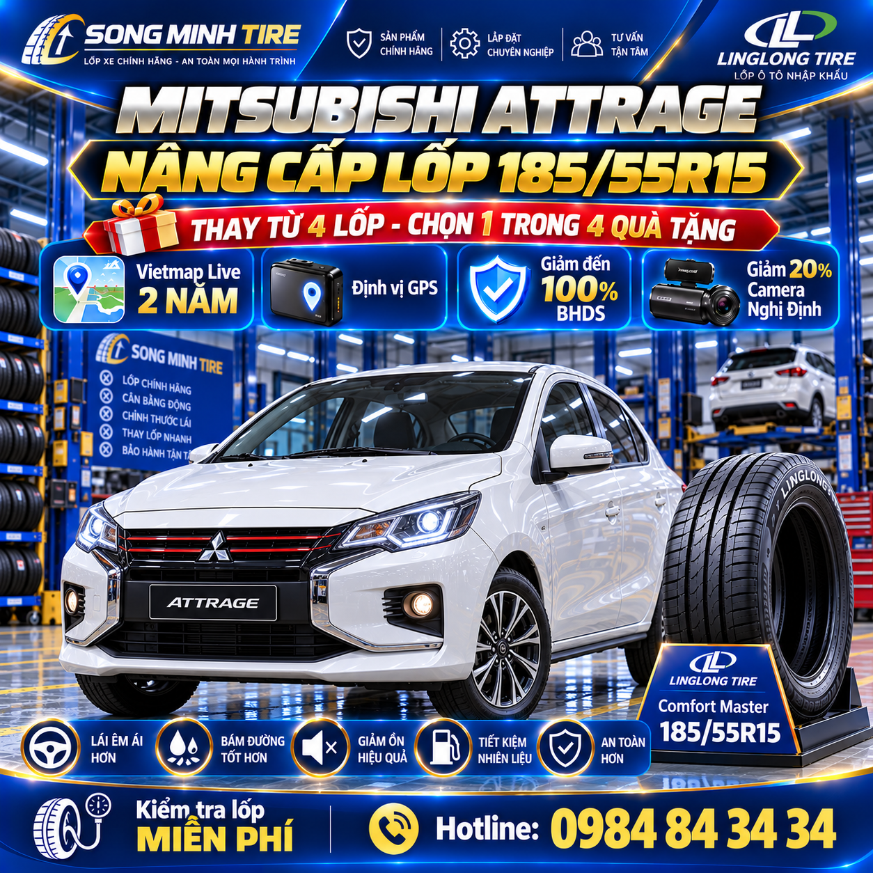 Thay lốp xe Mitsubishi Attrage 185/55R15 LingLong Comfort Master chính hãng êm ái tại Song Minh
