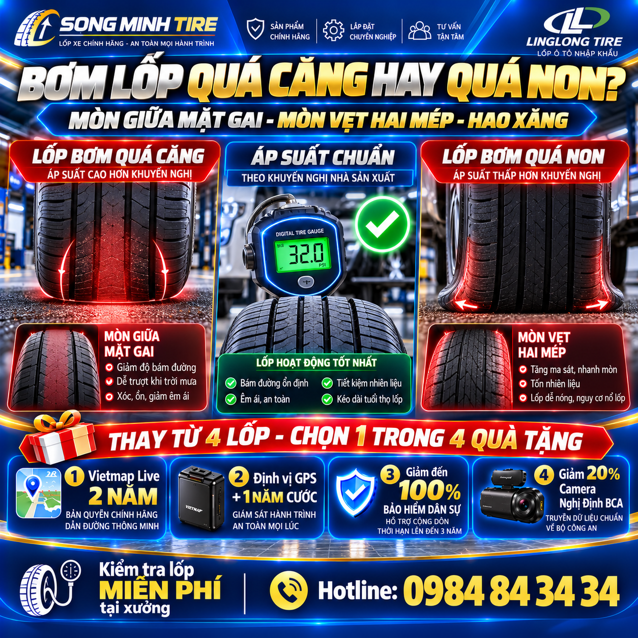 Tác hại khi bơm lốp quá căng hoặc quá non đối với xe ô tô tại Song Minh