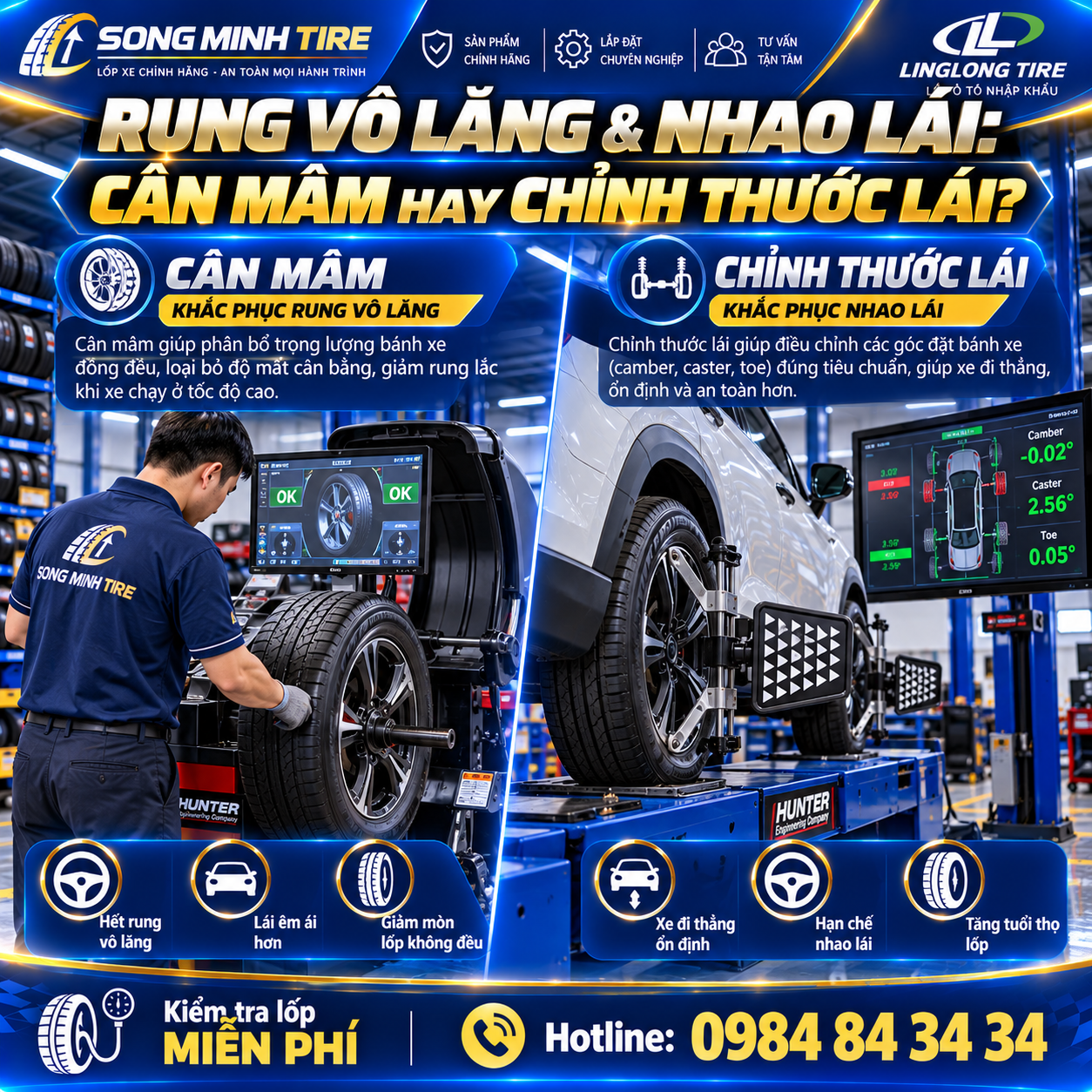 Xử lý triệt để hiện tượng rung vô lăng và nhao lái bằng cân mâm bấm chì và chỉnh thước lái tại Song Minh