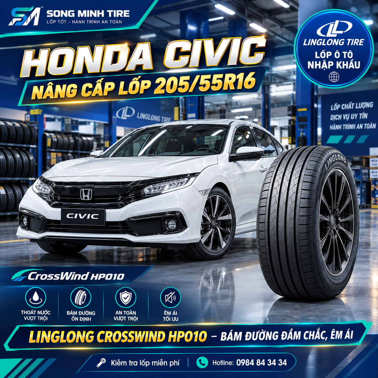 Thay lốp xe Honda Civic 205/55R16 LingLong CrossWind HP010 chính hãng tại Song Minh Tire