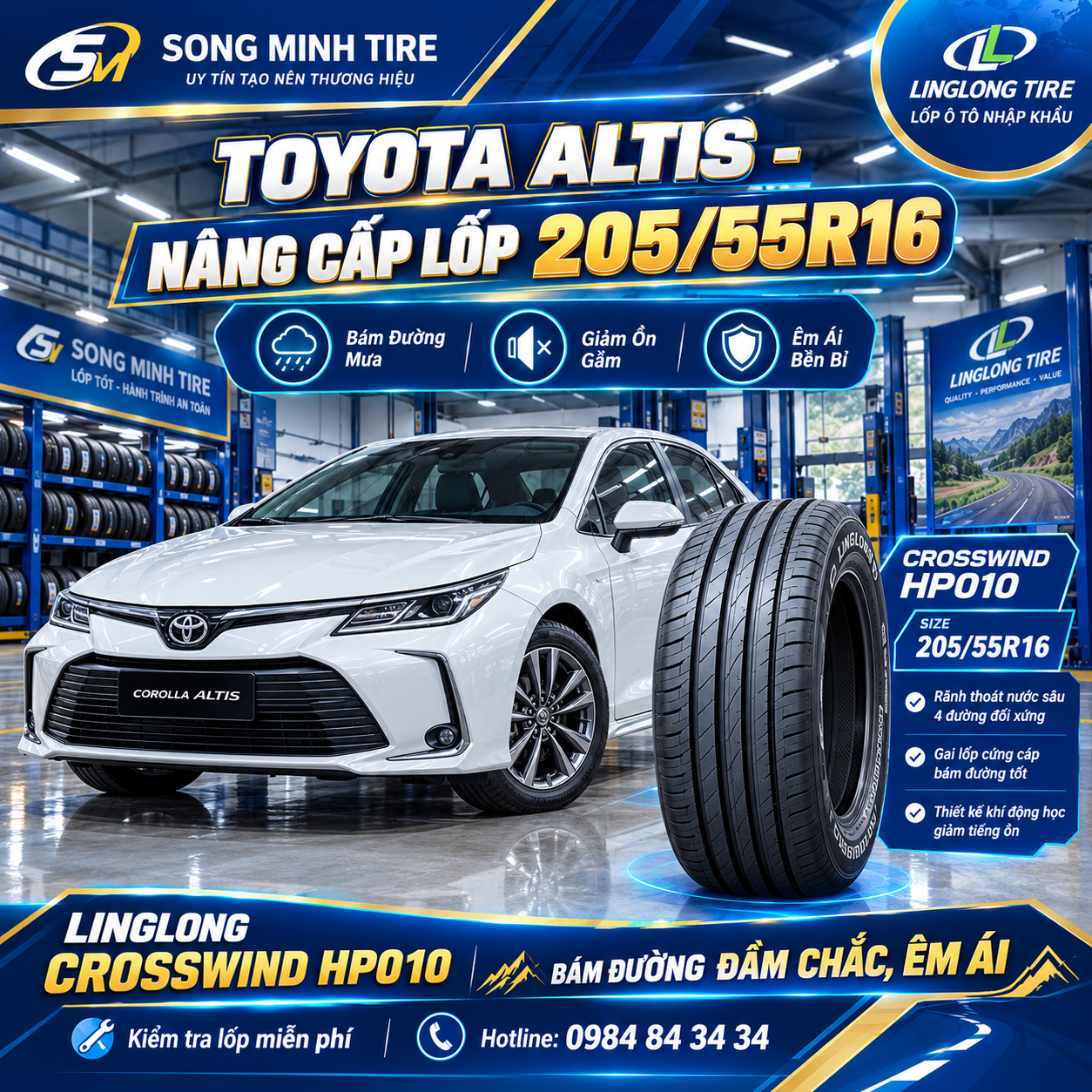 Thay lốp xe Toyota Altis 205/55R16 LingLong CrossWind HP010 chính hãng tại Song Minh
