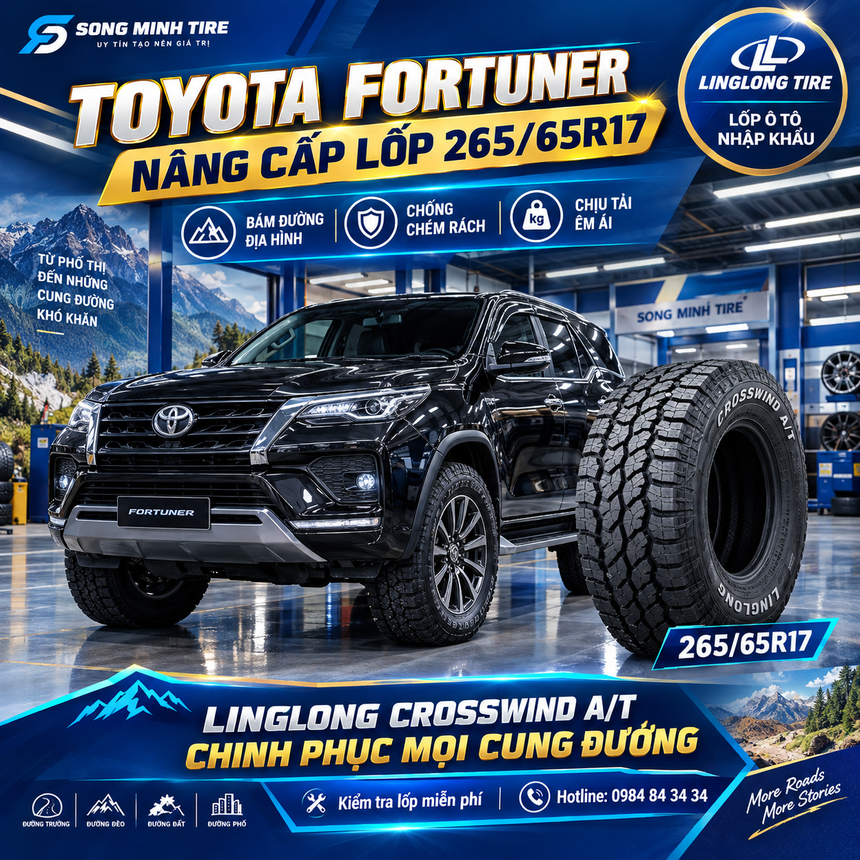 Thay lốp xe Toyota Fortuner 265/65R17 LingLong CrossWind chính hãng tại Song Minh