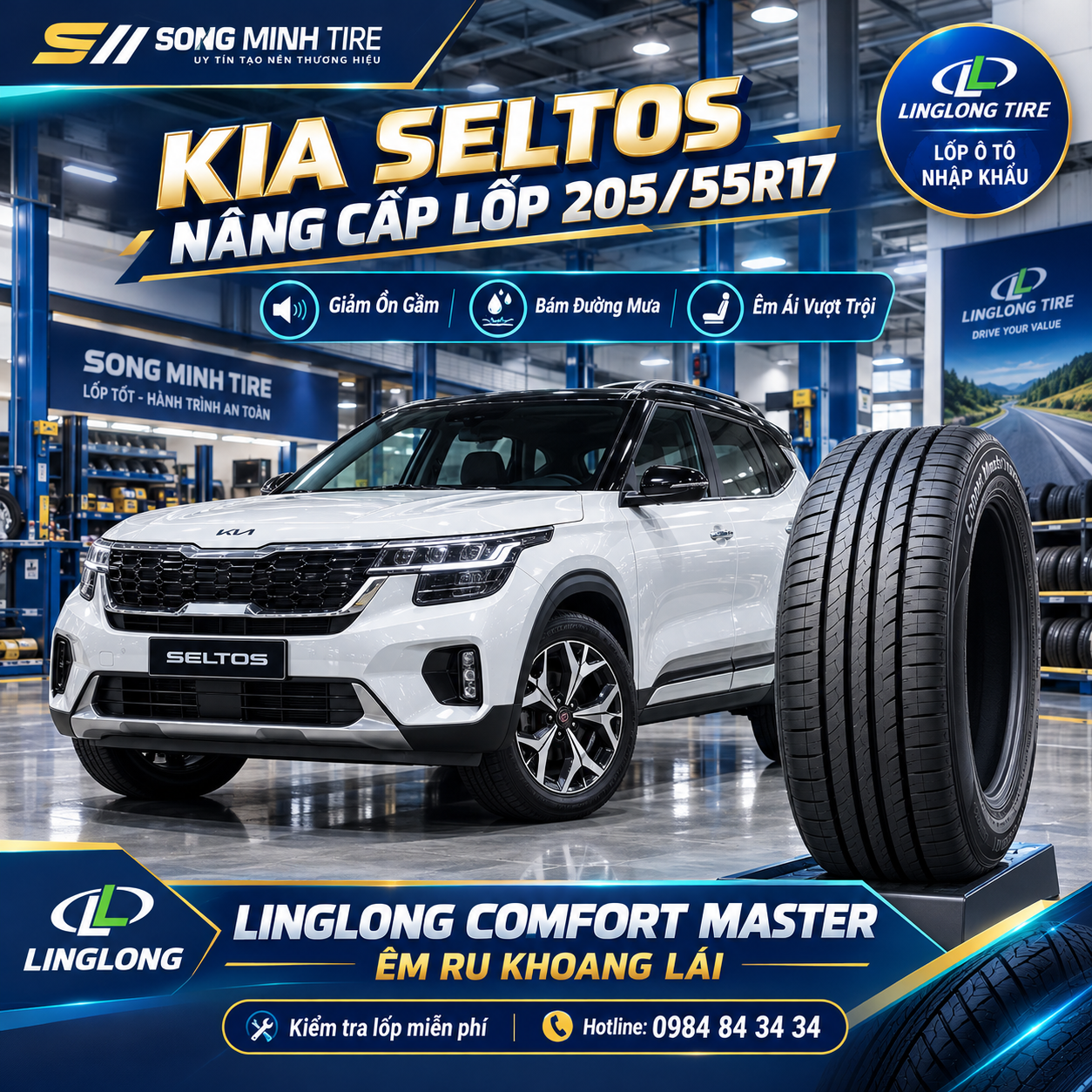 Thay lốp xe Kia Seltos 205/55R17 LingLong Comfort Master chính hãng tại Song Minh