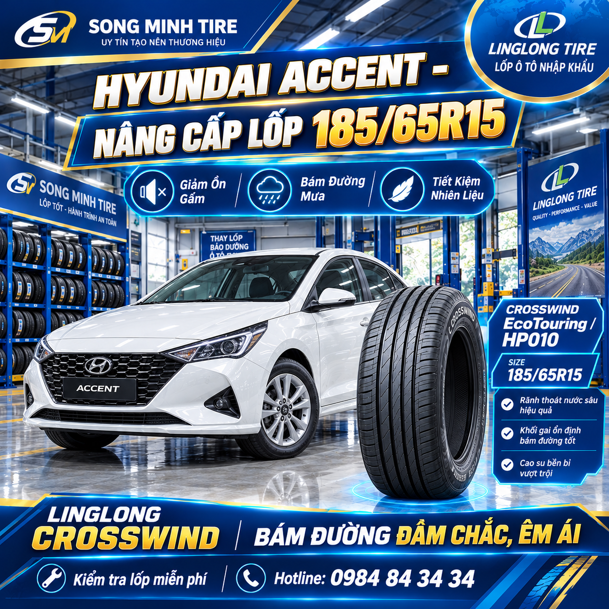Thay lốp xe Hyundai Accent 185/65R15 LingLong CrossWind chính hãng tại Song Minh