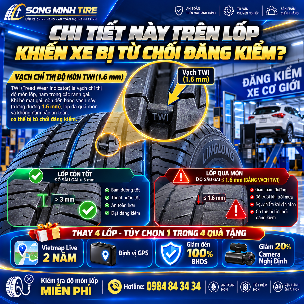 Kiểm tra độ mòn lốp xe ô tô qua vạch chỉ thị TWI 1.6mm chuẩn xác tại Song Minh