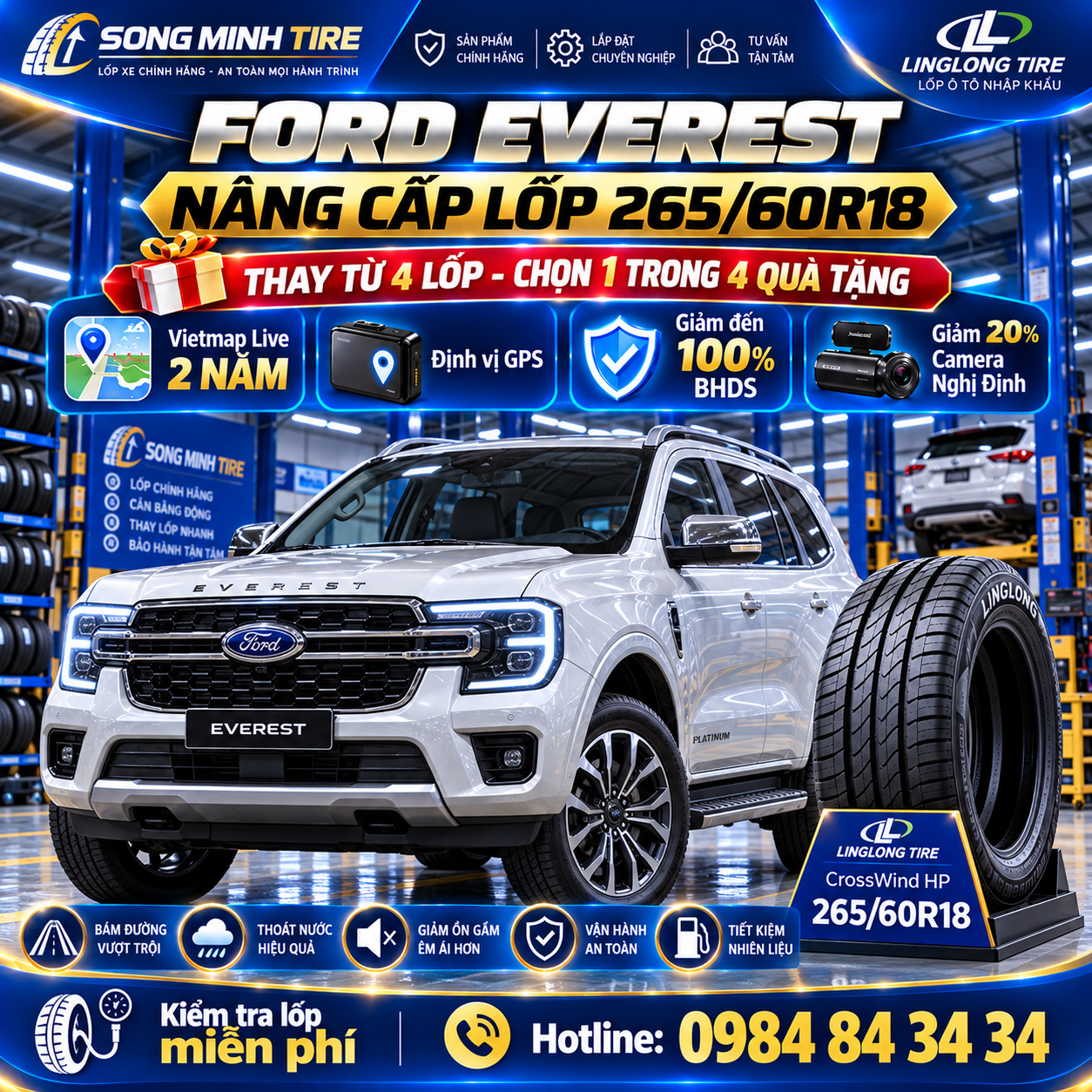 Thay lốp xe Ford Everest 265/60R18 LingLong CrossWind chính hãng tại Song Minh