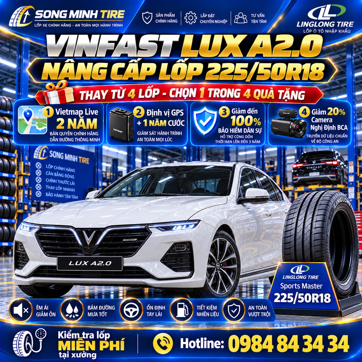 Thay lốp xe VinFast Lux A2.0 225/50R18 LingLong chính hãng êm ái tại Song Minh