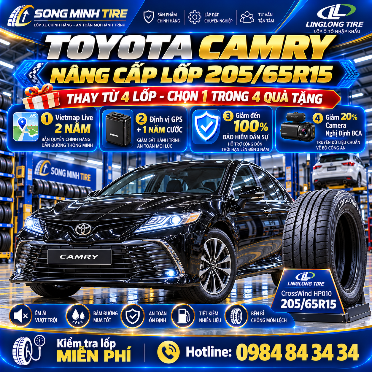 Thay lốp xe Toyota Camry 205/65R15 LingLong CrossWind HP010 chính hãng êm ái tại Song Minh