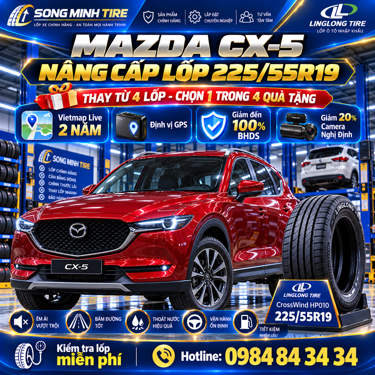 Thay lốp xe Mazda CX-5 225/55R19 LingLong CrossWind chính hãng giảm ồn tại Song Minh