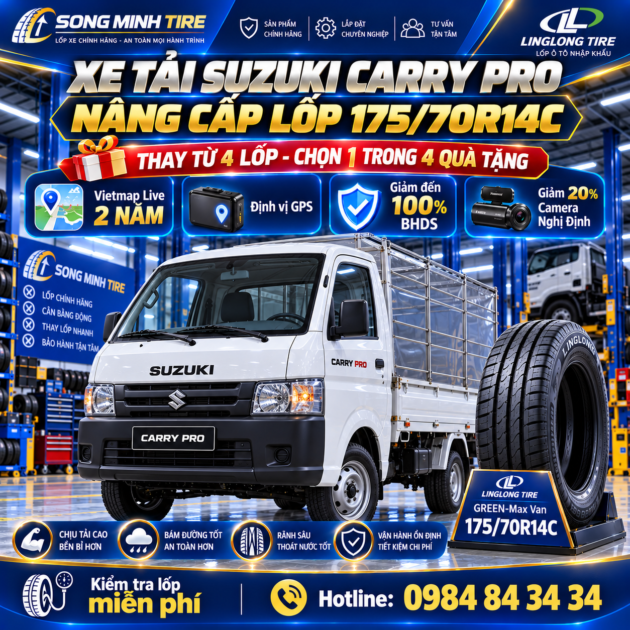 Thay lốp xe Suzuki Carry Pro 175/70R14C LingLong GREEN-Max Van chính hãng tại Song Minh