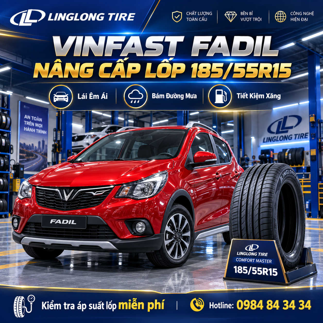 Thay lốp xe VinFast Fadil 185/55R15 chính hãng LingLong tại Song Minh